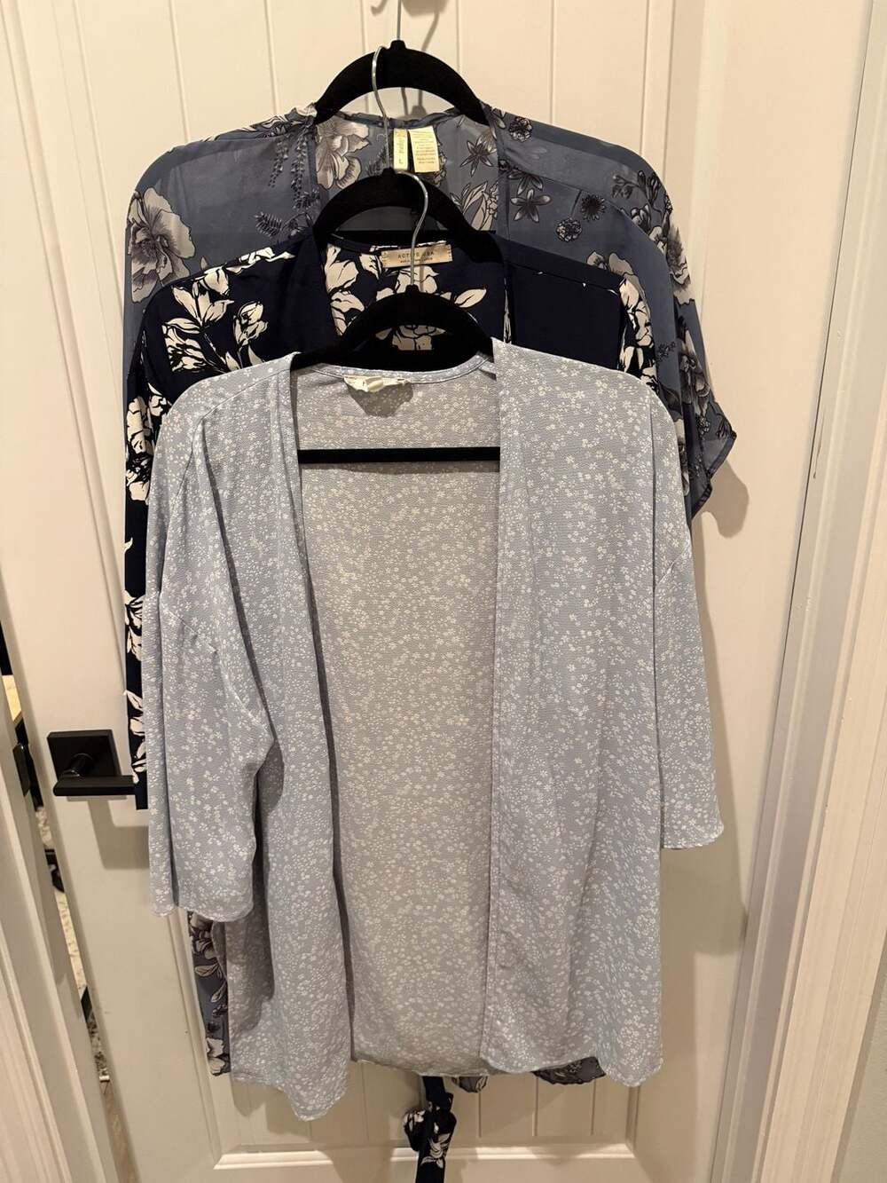 Bundle of 3 Floral Print Kimono Cardigan. Light Blue, Dark Blue, and Blue Gray